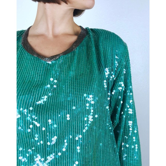 vintage 70s Jade Green HALSTON Sequined COCKTAIL DRESS Small/4 designer party - Picture 7 of 10